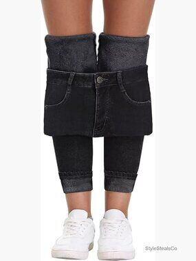 Fleece Lined Winter Jeans Mid Rise Skinny Fit Stretch Denim Pants